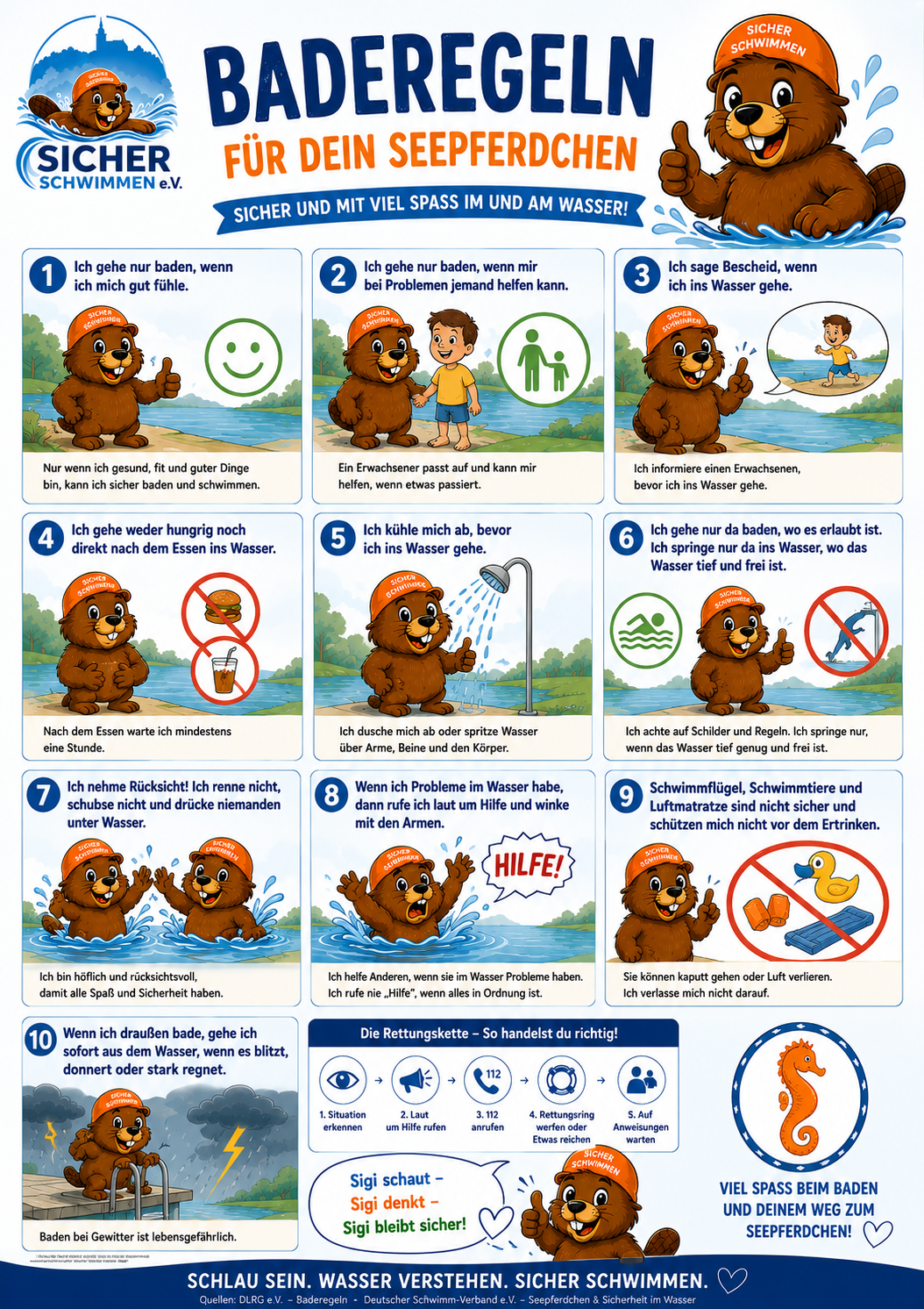 Poster „Baderegeln für dein Seepferdchen“ von Sicher Schwimmen e.V. mit 10 Baderegeln für Kinder und der Rettungskette