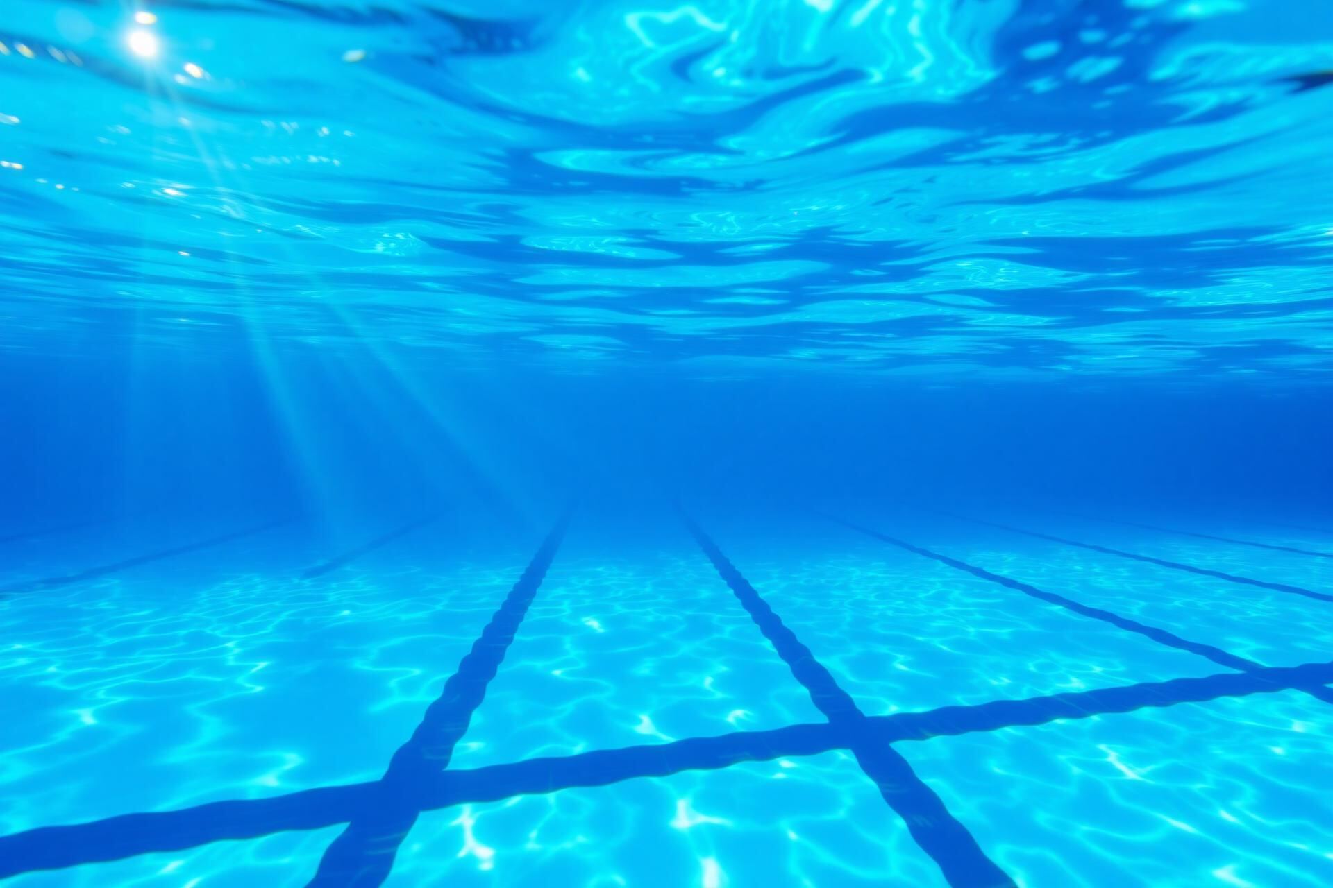 Ruhiges Schwimmbecken eines Hallenbads mit klarem blauem Wasser und Bahnenmarkierungen